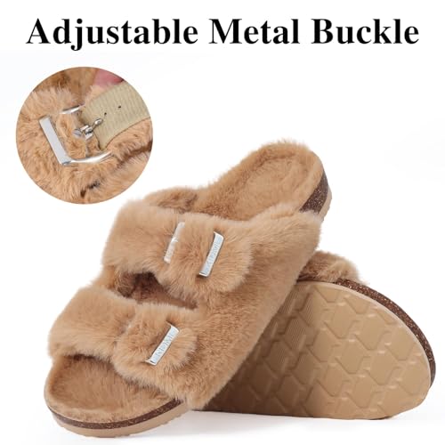KIDMI Fuzzy Slippers Women with Cork Footbed Fluffy Slides Open Toe Indoor House Shoes | Arch Support | Adjustable Buckles3