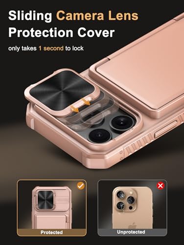 Image of Vihibii for iPhone 16 Pro Case Wallet with Card Holder (4 Cards) [RFID Blocking] & Slide Camera Cover, Military Grade Drop Protection, Rugged Back & Silicone Edge Phone Cover, 6.3 inch 2024, Rose Gold