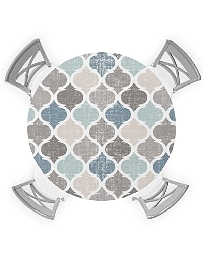 EwdeWwo Geometric Elastic Round Tablecloth, Retro Blue Gray Abstract Moroccan Style Fitted Tablecloths for Round Table Oil-Proof Waterproof Table Cloth (Fit for 55" - 60" Round Tables)