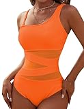 Blooming Jelly Women's Sexy One Piece Bathing Suits One Shoulder Swimsuits Slimming Mesh Swimwear (Medium, Orange)