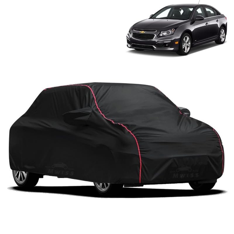 Image of Waterproof Car Cover for Chevrolet Cruze | All-Weather Protection, Dustproof & UV Resistant | Triple Stitched Mirror Pockets, Windproof Buckle Strap with Elastic Hem, Black-Red Piping