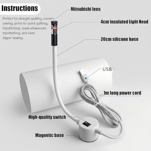 Lampe de matelassage magnétique pour machine à coudre blanc avec col de cygne flexible
