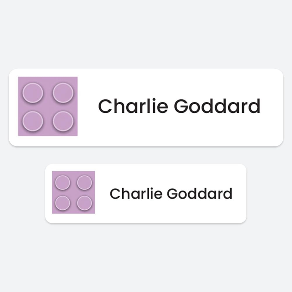 50 x No Iron Personalised Stick On Waterproof Washable Name Labels Great for Clothes, School Uniform, Equipment, Shoes and Much More. School, Nursery, Day Care, Hospital - Building Block - Purple