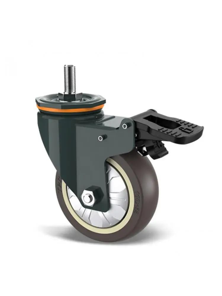 1 Piece 3 inch M10/M12/M14/M16/M20 Screw Universal Wheel with Brake Rubber Shaft Caster Pulley Silent Machine Single Load 110KG(M16- with Brakes)