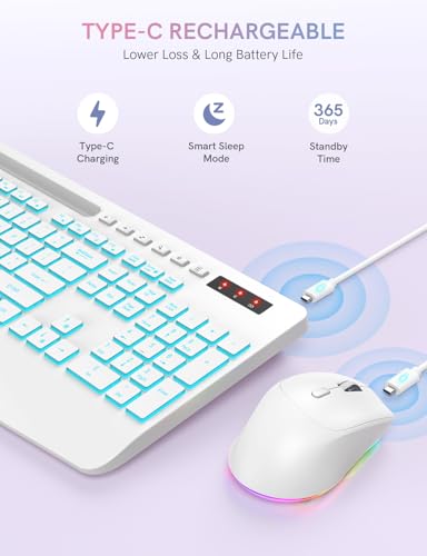 Image of Trueque Wireless Keyboard and Mouse Combo, 4000mAh Rechargeable Backlit Keyboard with Wrist Rest & Phone Holder, Full Size Quiet Typing 2.4G USB-A /Type-C for PC Laptop Windows Mac (Cloud White)