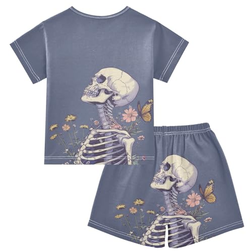 ALAZA Skeleton and Butterfly Pink Flowers Pajama Set Short Sleeve Sleepwear Soft Lounge Nightwear2