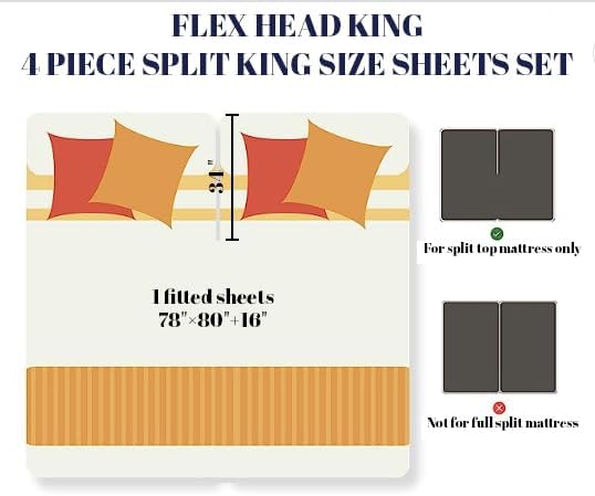 Miniatura 2 de Juego de sábanas de lujo de 100 % bambú, sábanas refrescantes divididas tamaño King dividido de 34 pulgadas desde la parte superior, con bolsillo