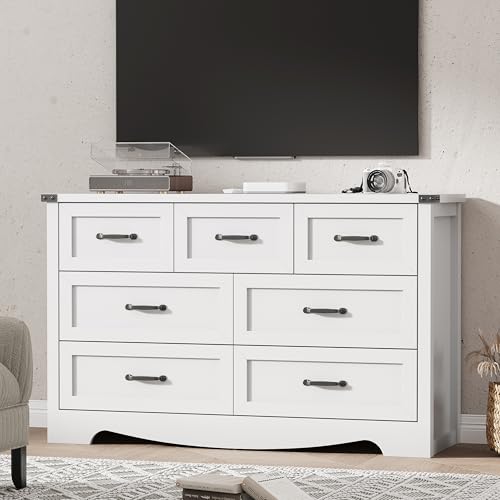 Image of Dresser for Bedroom with 7 Drawers, 48 inch Wide Modern Chest of Drawers with Deep Drawers & Mental Handle, Wood Dresser TV Stand, Wooden Closet Storage Organizer for Living Room, Hallway, Entryway, White