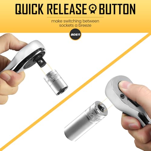 Image of boen 1 /4-Inch Drive Ratchet, 90-Tooth Quick-Release Ratchet Wrench, 4-Degree Swing, Reversible, Chrome Alloy Made, Full Polished (Pack of 2)