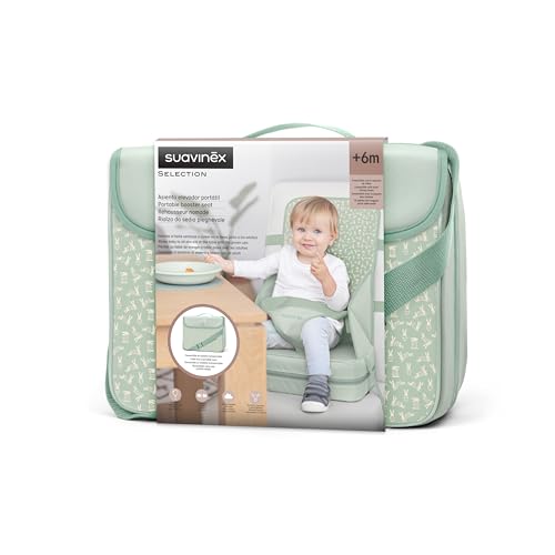 Suavinex, Trona Portátil para Bebés +6 Meses, Alzador de Silla para Comer, Asiento Elevador Universal Convertible en Bolso, Fácil de Limpiar, Ligero, con Arnés, Cómodo, Blandito y con Respaldo, Verde