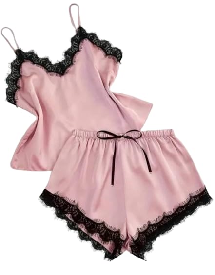 Image of Women's Satin Pajama Set with Lace Trim Camisole Top and Shorts Sleepwear Set Pack of2-1top 1nikkar