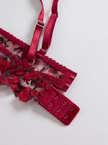 Image of Sexy Floral Embroidered Flower Mesh Underwire Push Up Lingerie Set