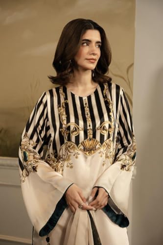 Image of Co-ord Set for Women | Japan Satin Silk with Stylish Digital Prints | Full Sleeves Top (38 inch) & Palazzo Pants (40 inch) | Elegant Daily & Casual Wear | Black and Cream