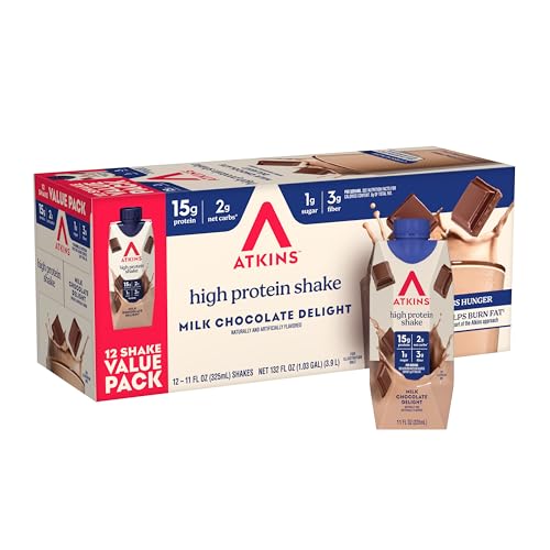 Atkins Milk Chocolate Delight High Protein Shake, 15g Protein, Low Glycemic , 2g Net Carb, 1g Sugar, Keto Friendly , Chocolate Flavored Protein Shakes, 12 Count