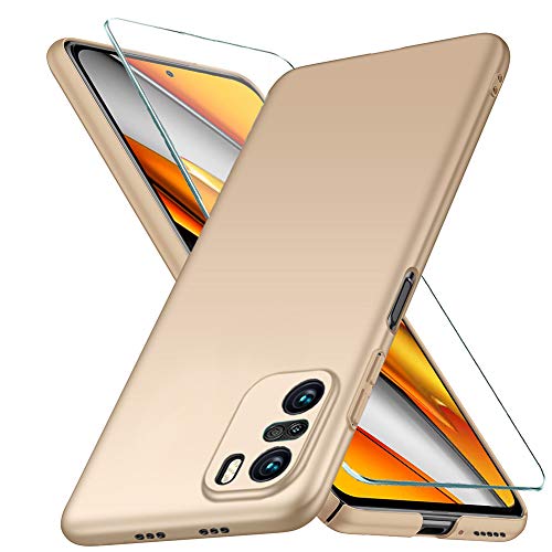 YIIWAY Compatible con Funda Xiaomi Poco F3 + Cristal Templado Protector de Pantalla, Oro Ultra Slim Funda Case Duro Cover Compatible con Xiaomi Poco F3 YW42187