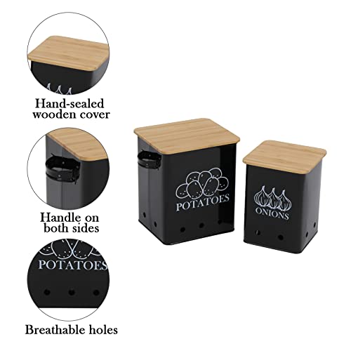 Image of Potato Onion Storage Bin, Kitchen Storage Canister Set of 2, Kitchen Pantry Organizer Tin - Vegetable Fresh Keeper with Aerating Tin Storage Holes & Wooden Lid (Black)