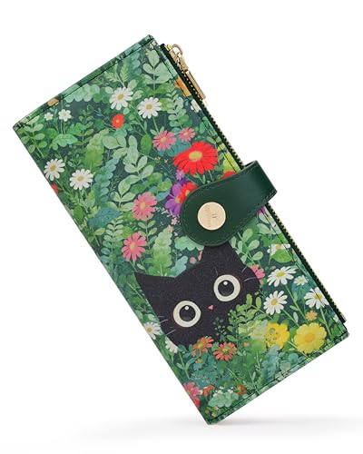 Image of Cat Floral Women's Wallet,Thin RFID Card Holder with Zipper Pocket