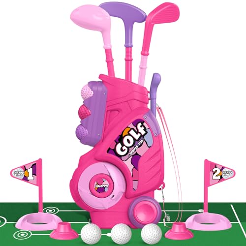 Image of Liberry Toddler Golf Set with Putting Mat for 2 3 4 Years Old Boys Girls, Upgraded Kids Golf Cart with Unique Shoulder Strap Design, Indoor and Outdoor Golf Toys Gifts (Pink)