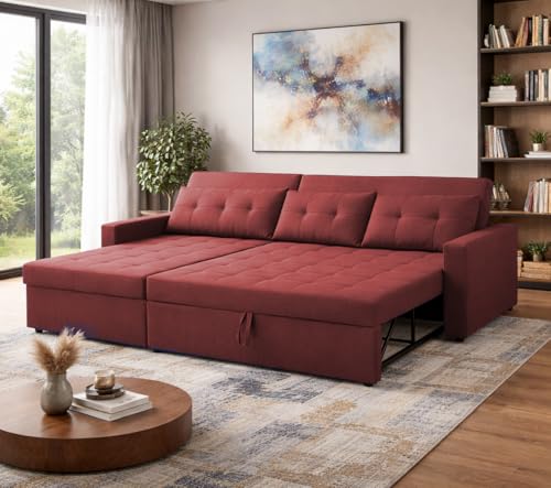 Image of Emilio 4 Seater LHS L - Shape Pull-Out Sofa Cum Bed Sofa for Living Room (Maroon Fabric Color) Premium Fabric Sofa Set for Living Room Sofa Cum Bed