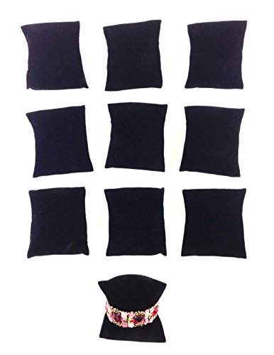 Bejeweled Display 10Pc Black Velvet Pillow Bracelet, Watch, Bangle Jewelry Display Stand Set (Black Velvet)
