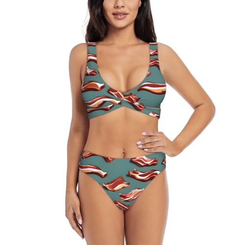 Bikini 2 pièces imprimé bacon avec contrôle du ventre pour silhouette sculptée à la plage
