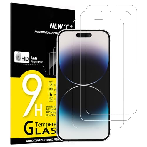 NEW'C 3 Pezzi, Vetro Temperato per iPhone 14 Pro (6,1 Pollici), Pellicola Prottetiva Anti Graffio, Anti-Impronte, Senza Bolle, Durezza 9H, 0,33mm Ultra Trasparente, Ultra Resistente