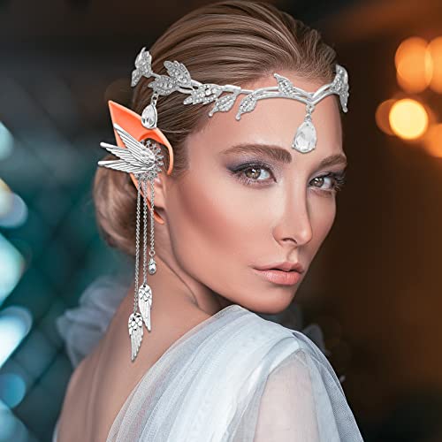 Rechicgu 7 Pieces Bridal Rhinestone Leaf Headband Fairy Pixie Soft Elf Ears Angel Wings Ear Cuffs Wedding Head Tiara Crown Headpieces Halloween Costume Pageants Brides Prom Accessories Silver #TOP4