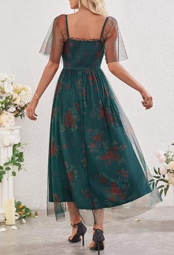 MEROKEETY Women's 2025 Summer Short Sleeve Floral Tulle Dress Square Neck Smocked Party Wedding Boho Maxi Dresses4