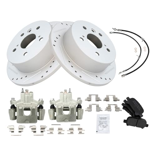Image of TRQ Performance Rear Brake Pad and Rotor Set Semi Metallic Slotted Drilled Calipers Hoses Compatible with 2006-2007 Toyota Avalon 2006-2008 Solara