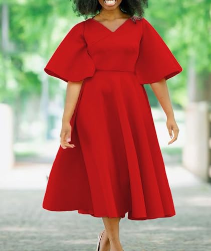 Image of SOMTHRON Women's Wrap V-Neck Ruffle Short Sleeve Midi Dress Elegant A Line Flowy Flared Cocktail Church Dress