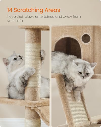 Image of Feandrea Cat Tree, 81.1-Inch Large Cat Tower, Multi-Level Plush Condo with 13 Scratching Posts, 2 Perches, 2 Caves, Basket, Hammock, Pompoms, Camel Brown UPCT190K01