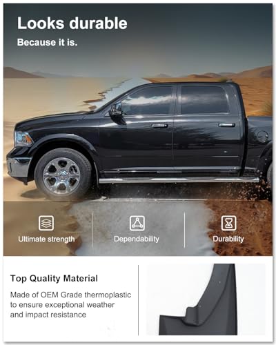 Image of Kiwi Master Mud Flaps for 2009-18 Dodge Ram 1500 /2500 /3500, 2019-2024 Ram 1500 Classic (with OEM Fender Flares, Single Rear Wheels), Heavy Duty Front & Rear Mud Guards, No Drill, 4 Pcs Set