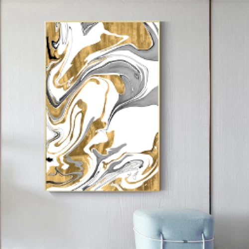 Toile murale dorée et blanche 70x98cm avec cadre pour décoration salon moderne