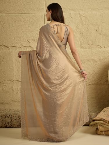 Image of AKHILAM Women's Shimmer Tissue Embroidered Saree With Unstitched Blouse Piece