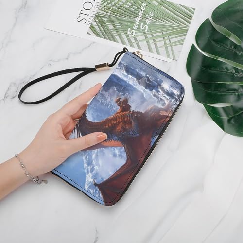 Ice-Covered Knights Dragon Breathing Fire Women's Leather Clutch Wallet with Zip Card Holder Hand Strap Large Capacity4