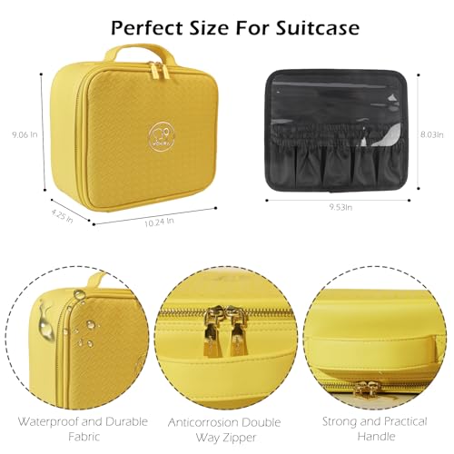 Image of Travel Makeup Bag Cosmetic Bag Makeup Organizer Bag with Lighted Mirror, Adjustable Brightness in 3 Color Scenarios, Waterproof Makeup Train Case, Gift for Women - Light Yellow(Woven)