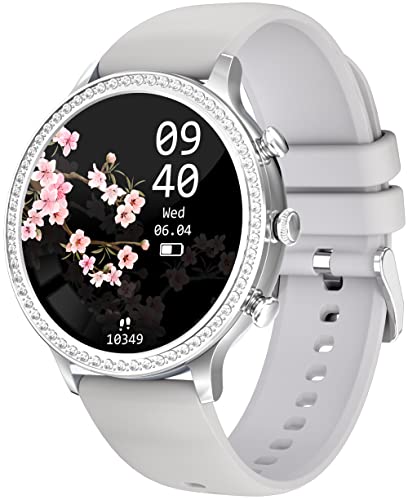 Smartwatch Telefonieren mit Lautsprecher,Fitnessuhr Damen Weiß Rund,Sportuhren Pulsuhr mit Blutdruck Schlafmonitor Schrittzähler Musikplayer Fitness Tracker für iOS und Android Silikonarmband Cover