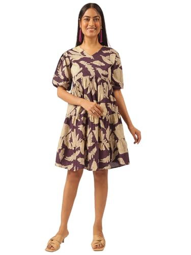 Image of Vbuyz Women's Floral Print Flared Cotton Beige Stitched Dress