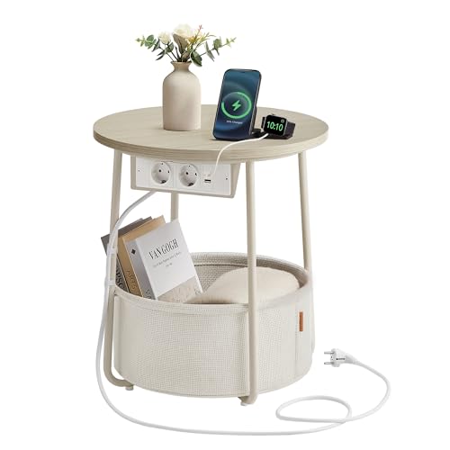 VASAGLE Beistelltisch rund, Kleiner Tisch, Couchtisch mit Steckdose, Wohnzimmertisch, Korb aus Stoff, Stauraum für Wohnzimmer Schlafzimmer,...