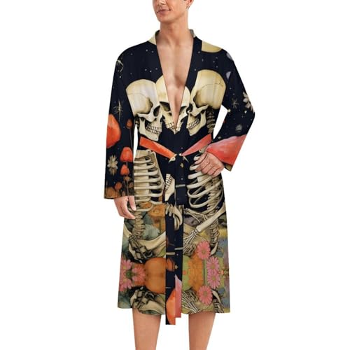 Flower with Skeleton Couple Novelty Men's Robe Soft Lightweight Bathrobe Long-sleeve Spa Robes