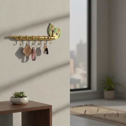Image of Big Brass Antique Krishna Flute for Key Holder /Key Stand /Keys Hanger Hook /Key Holders for Wall Stylish /Keys Rack Hook /Key Hanging Hooks - Home Decor, Wall Mount - 6 Hooks (Gold)