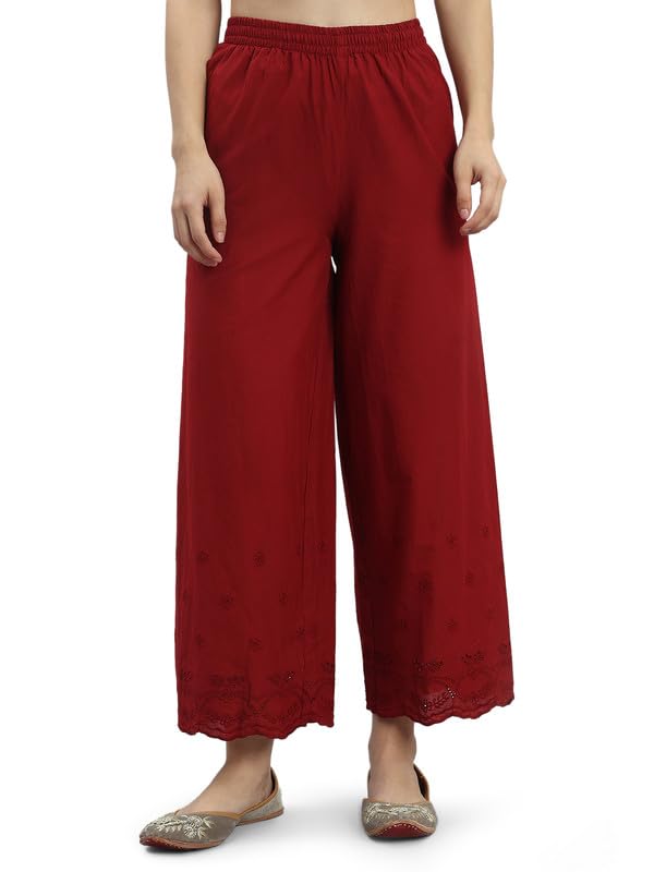 Image of GO COLORS Women Cotton Hakoba Wide Pant Ankle Length, Floral Embroidery, Relaxed Fit, Mid-Rise with Side Pocket