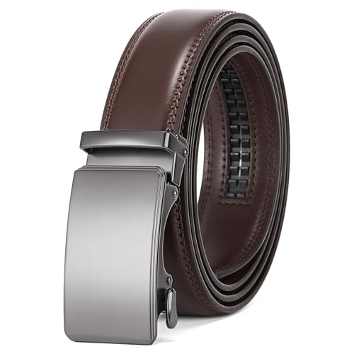 SENDEFN Men's Leather Belt Automatic Ratchet Buckle Slide Belt for Dress Casual Trim to Fit with Gift Box