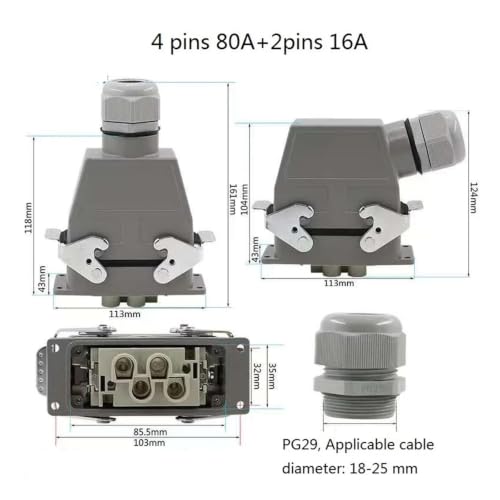 Conector de alta resistencia rectangular de 6 pines y 500V con salida superior 3