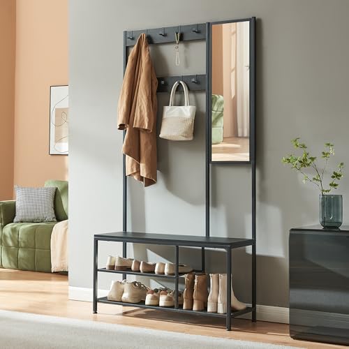 [en.casa] Mueble Recibidor Napinerg con Espejo y Zapatero Recibidor De Entrada Perchero con 7 Ganchos Flexibles Patas Ajustables Aglomerado Metal 185 x 98 x 34 cm - Negro