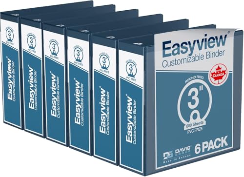 Image of Easyview 3-Ring Binder, Clear-View Cover, 3 inch Round Rings, Navy Blue, 6 Pack | Heavy-duty binder, fits 8.5 inch x 11 inch paper, customizable cover, made in Canada, ideal for school or office use