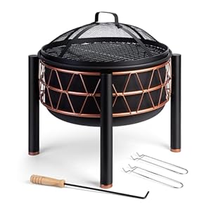 VonHaus Fire Pit – 2 in 1 Firepit with BBQ Cooking Grill for Outdoor, Garden, Patio – Black Steel with Copper Detail, Fire Poker & Mesh Cover Included – Use Wood or Charcoal to Fuel