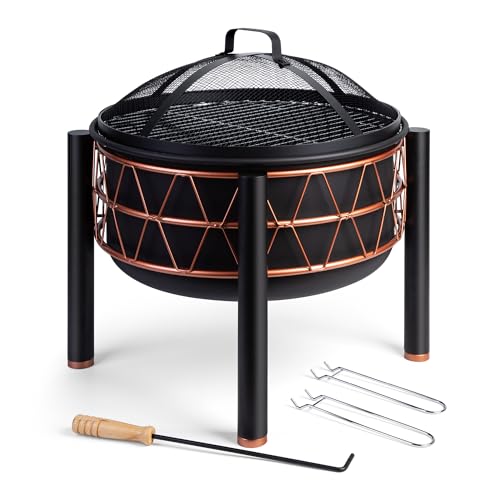 VonHaus Brasero – 2-en-1 con Parrilla BBQ para Exterior, jardín y Patio, en Acero Negro con Detalle Cobre, Incluye atizador y Tapa de Malla, Compatible con leña o carbón