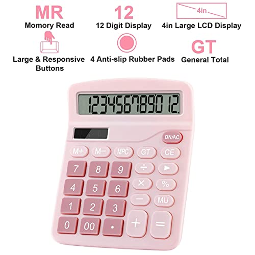 Podokas 01PINK Office Calculators Desktop, 12-Digit Dual Power Cute Calculator With Large Lcd Display Big Button thumb #3