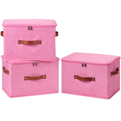 Image of 3PCS Storage Bins Boxes with Zippered Lids Cotton Linen Fabric Decorative Basket PU Leather Handles PP Plastic Board Foldable Lidded Clothing Shelf Closet Organizer Container (Pink, Large)